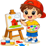 Cute boy painting picture on easel, creative child illustration